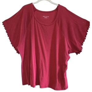 Ava & Viv, Butterfly Arm with Lettuce Hem, Cotton Blend, Wine T-Shirt, Size 3X